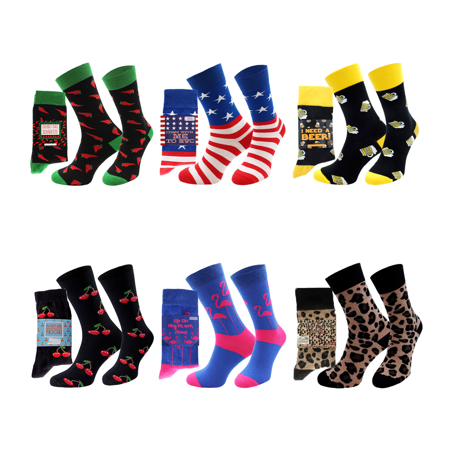 Chili Lifestyle Geschenksocken Set 6 Motive mit Spruchbanderole